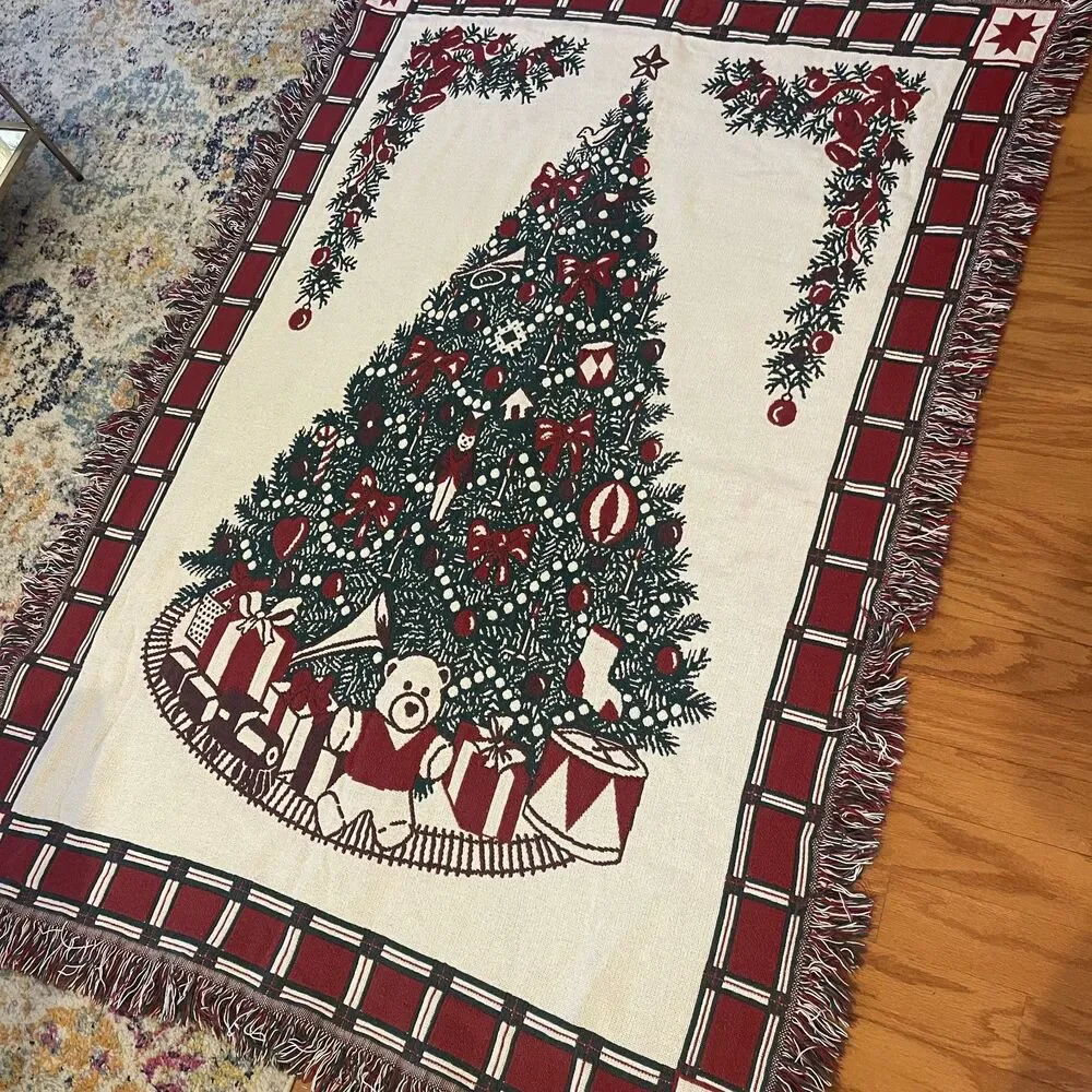 VTG Woven Tapestry Christmas Blanket Reversible Tree Bear Train Victorian Trad